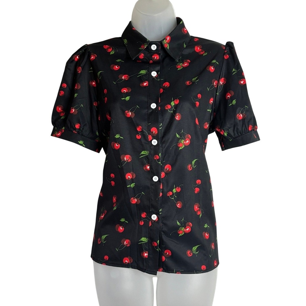 Black Cherry Print Puff Sleeve Button Down Blouse Rockabilly Retro Top | Medium - Picture 3 of 9
